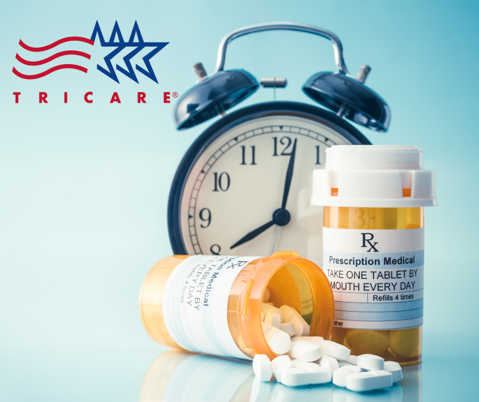TRICARE logo with an alarm clock and prescription pill bottles, one spilled, illustrating Tricare weightloss medication management and timely adherence to prescriptions for military families.